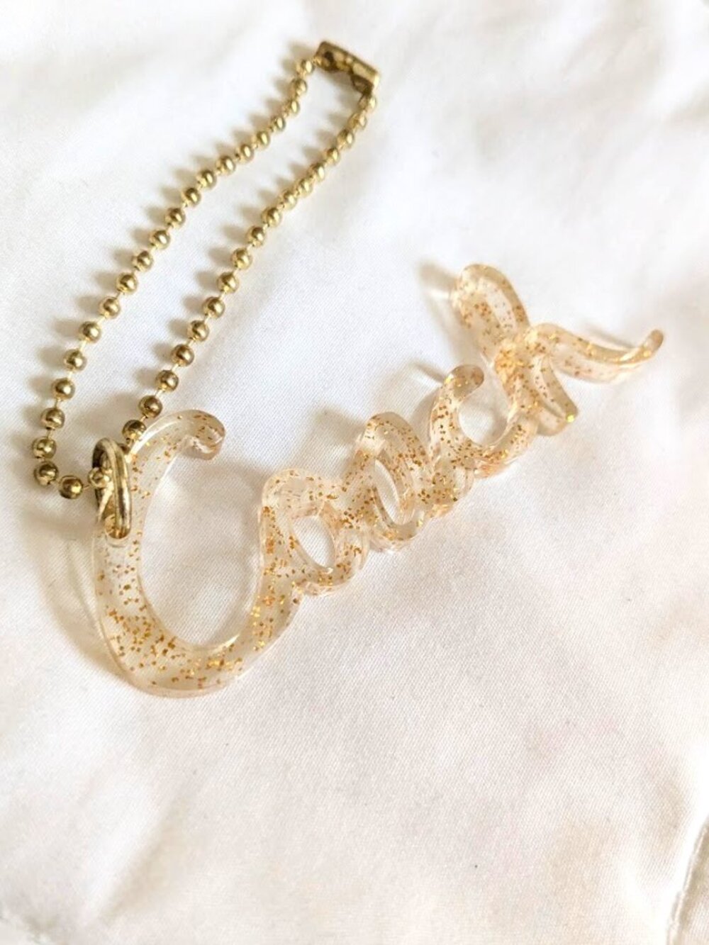 Coach 3" Script Charm Clear Acrylic with Warm Gold Sparkles Ball Chain Poppy Y2K